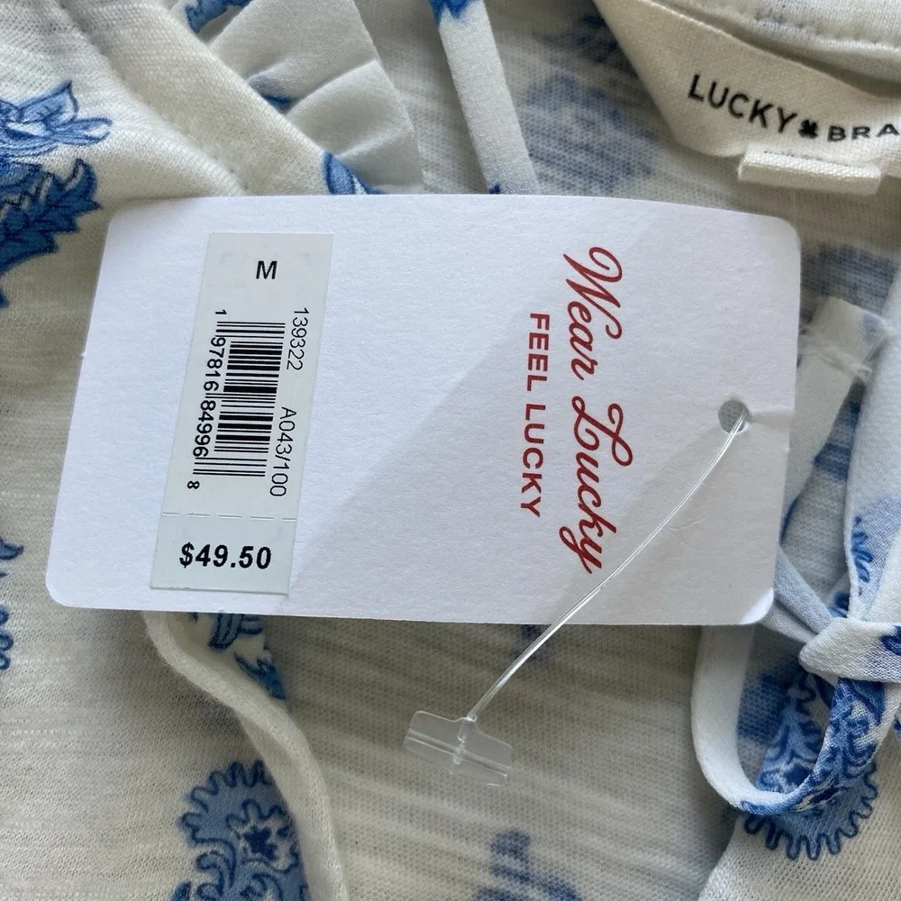 Lucky Brand Sz M Blue White Floral Print Ruffle Split Tie Neck Top Lightweight - Picture 14 of 15